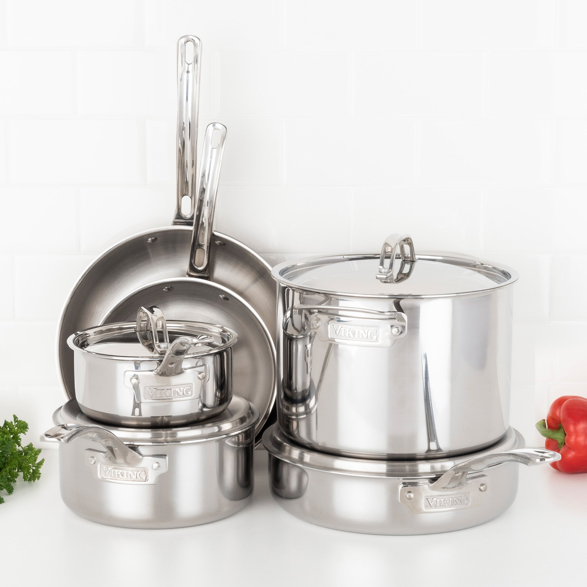 Viking 3-Ply Stainless Steel 10-Piece Cookware Set with Metal Lids