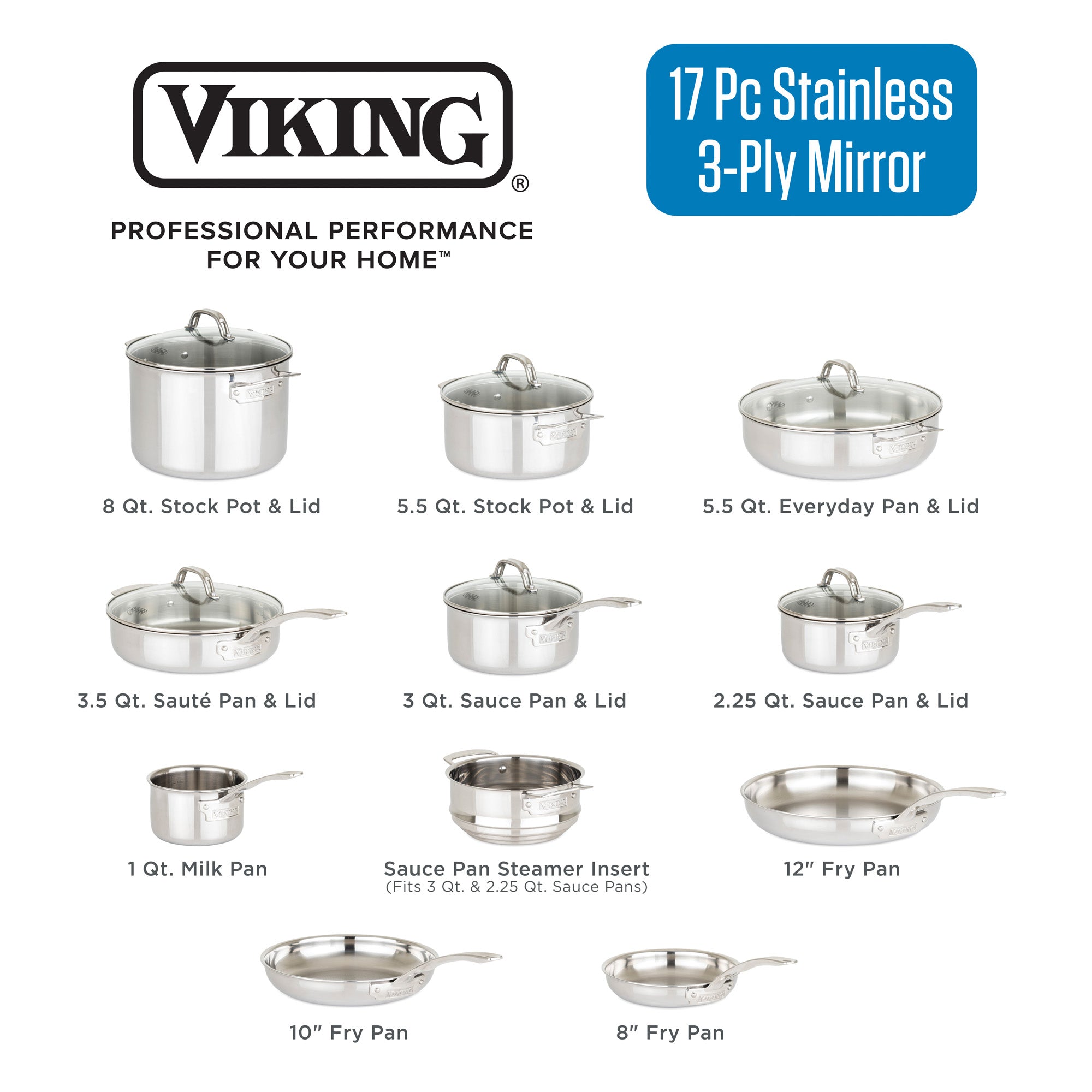 Viking 3-Ply Stainless Steel 17-Piece Cookware Set with Glass Lids