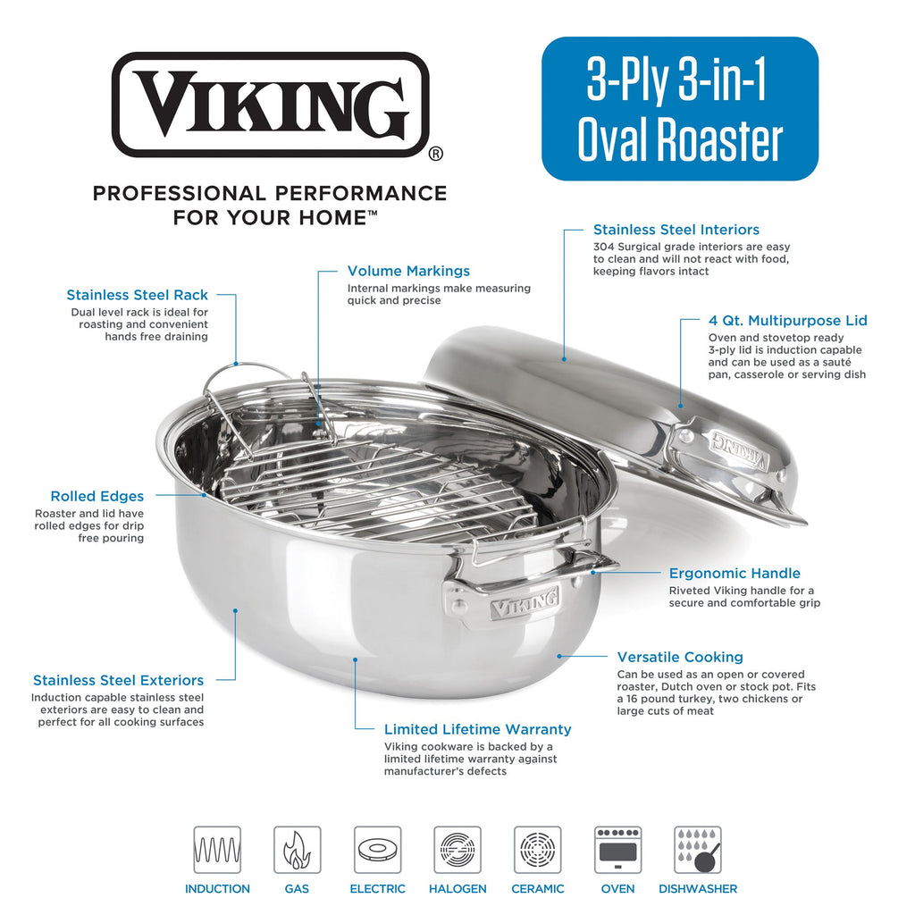 Viking 3-Ply 8.5-Quart 3-in-1 Oval Roaster with Rack