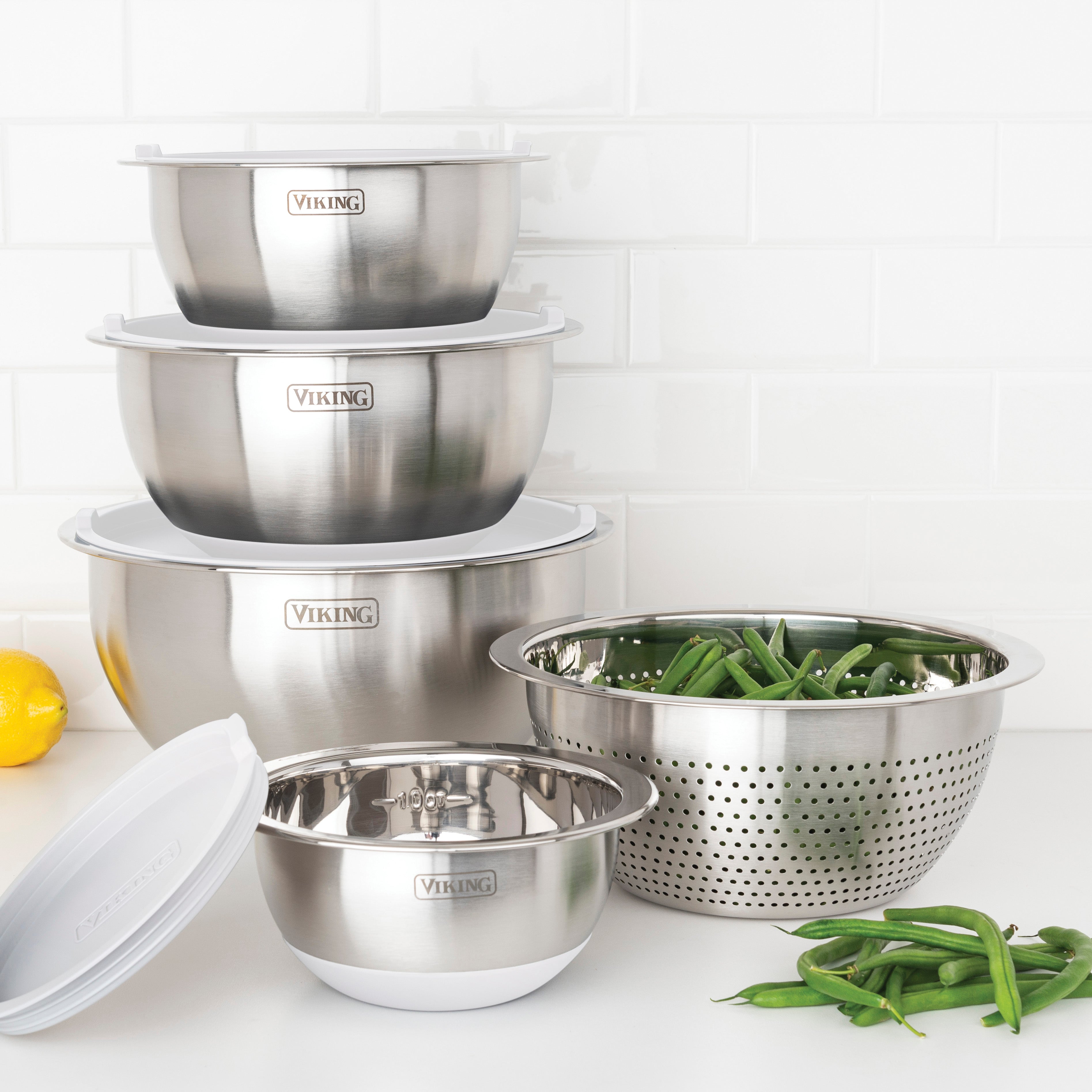 Viking 9-Piece Stainless Steel Mixing Bowl Set with Strainer, Frost White