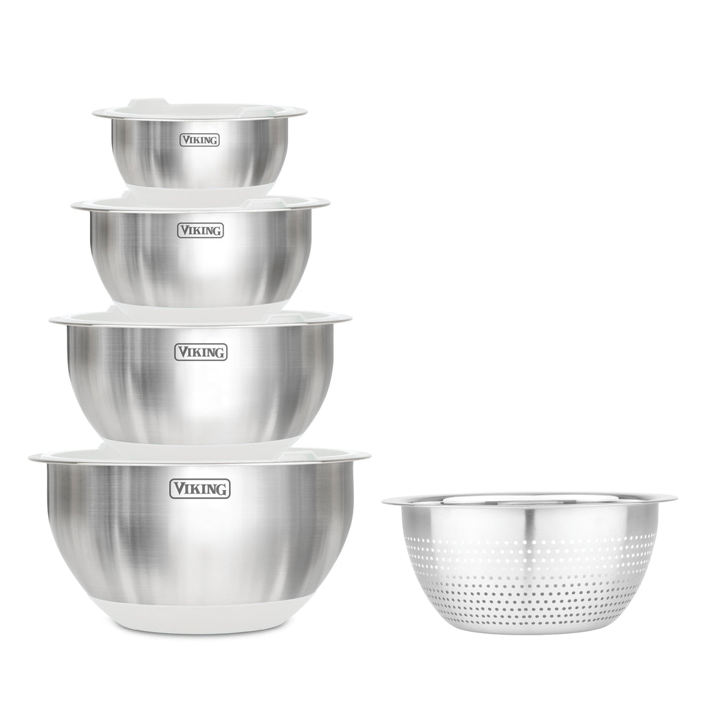 Viking 9-Piece Stainless Steel Mixing Bowl Set with Strainer, Frost White
