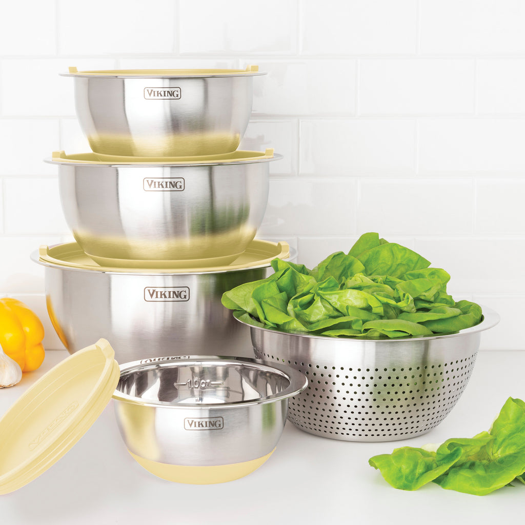 Viking 9-Piece Stainless Steel Mixing Bowl Set with Strainer, Buttermilk