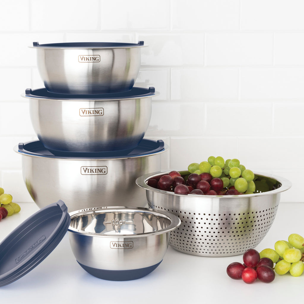 Viking 9-Piece Stainless Steel Mixing Bowl Set with Strainer, Slate Blue