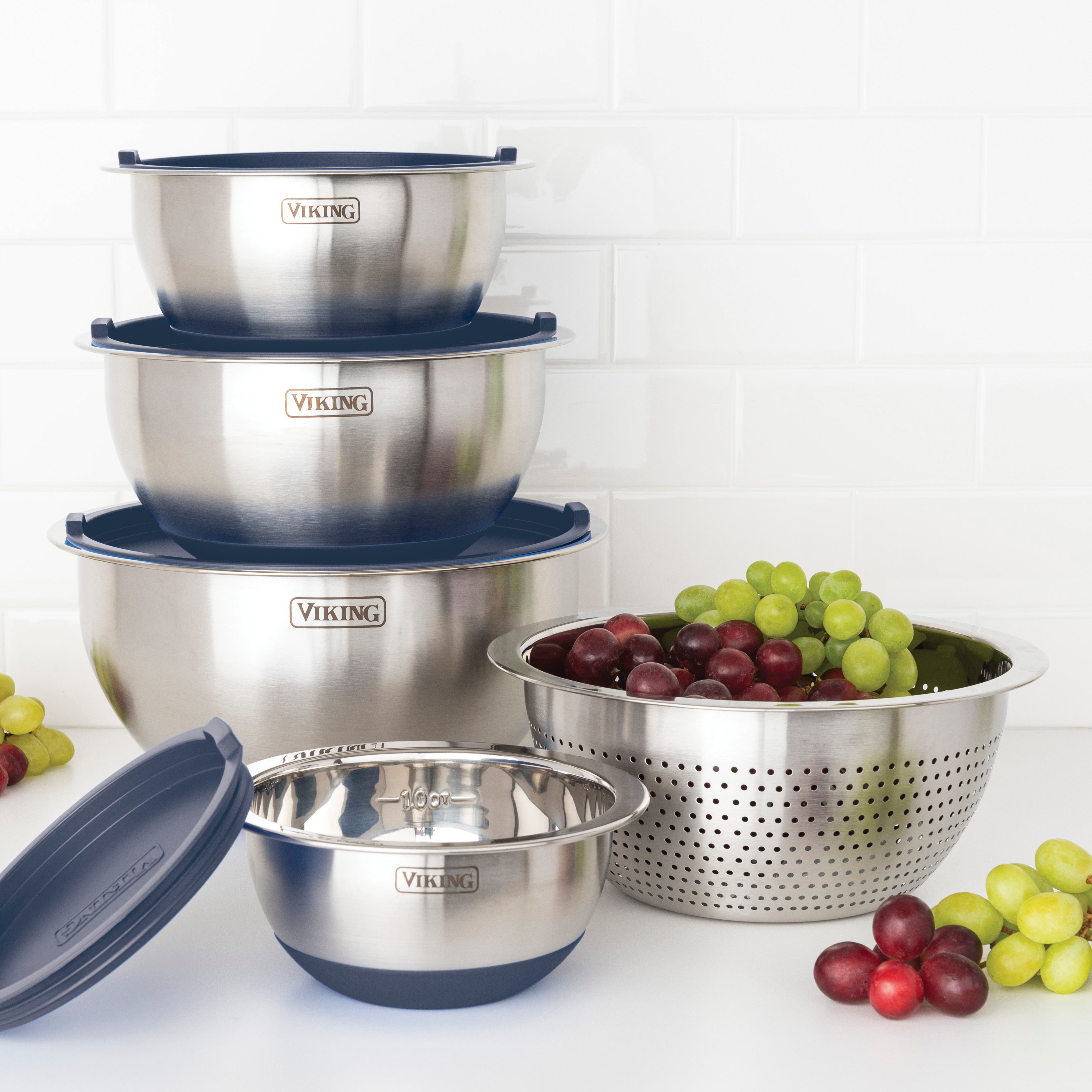 Viking 9-Piece Stainless Steel Mixing Bowl Set with Strainer, Slate Blue