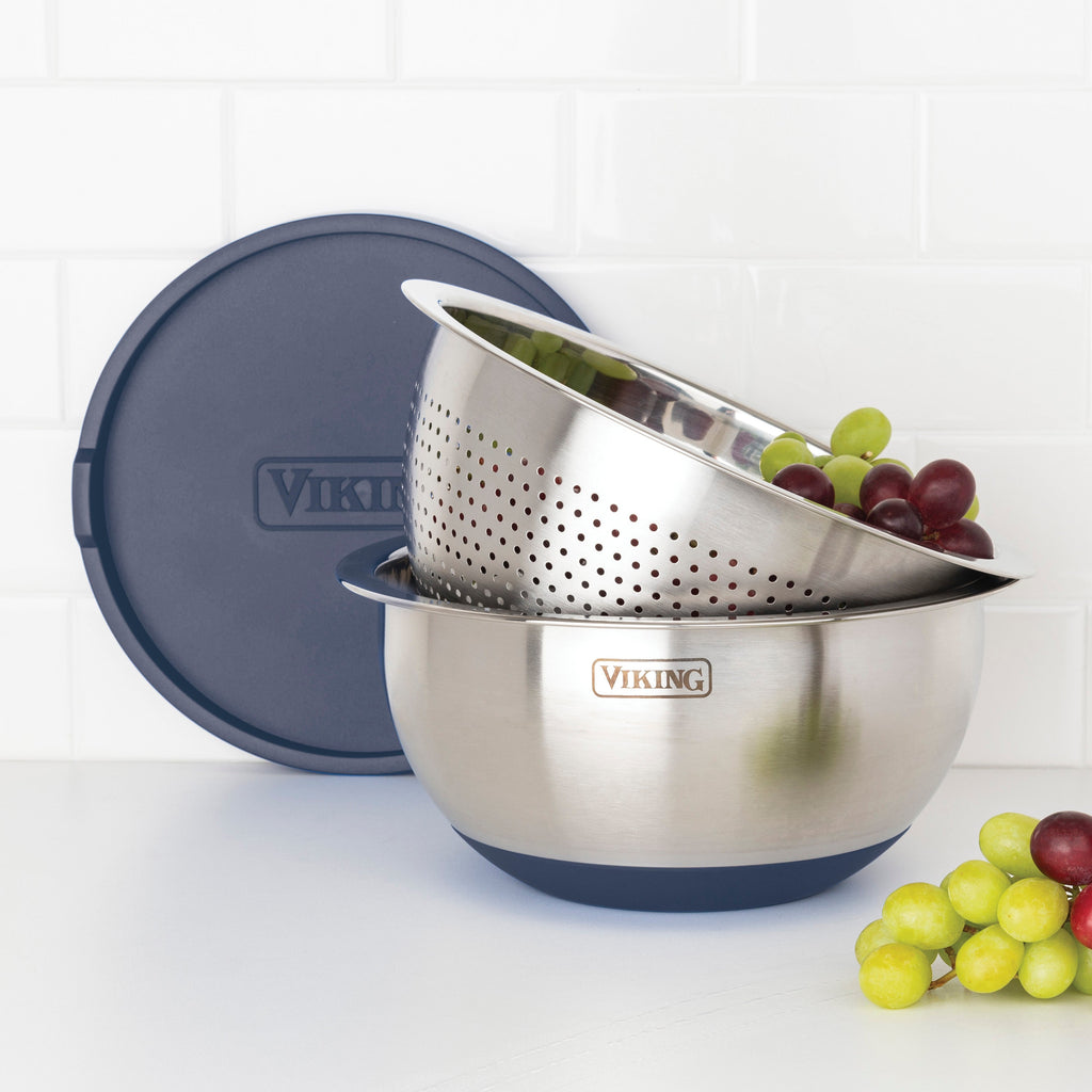 Viking 9-Piece Stainless Steel Mixing Bowl Set with Strainer, Slate Blue