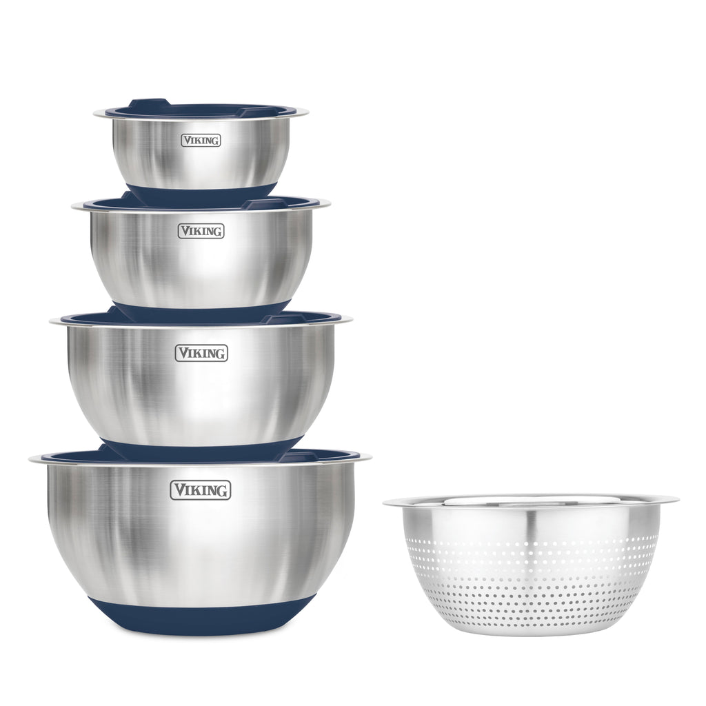 Viking 9-Piece Stainless Steel Mixing Bowl Set with Strainer, Slate Blue