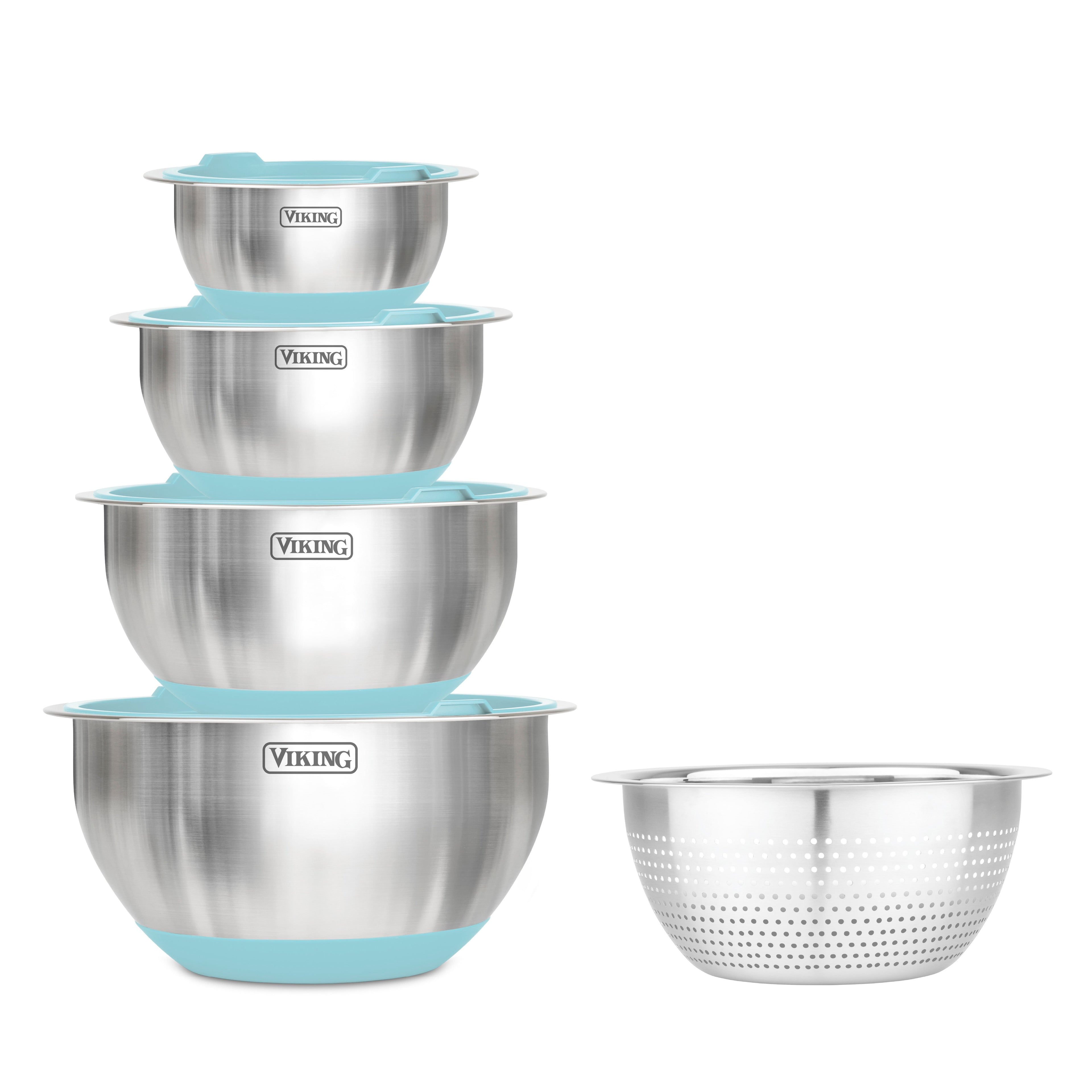 Viking 9-Piece Stainless Steel Mixing Bowl Set with Strainer, Splash Blue