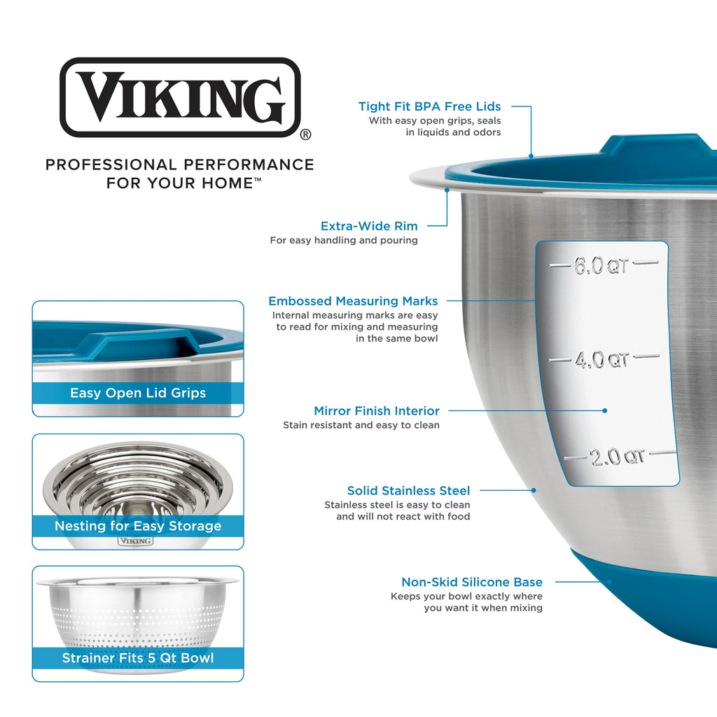 Viking 9-Piece Stainless Steel Mixing Bowl Set with Strainer, Teal