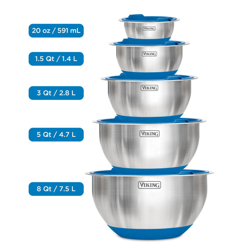 Viking 10-Piece Stainless Steel Mixing Bowl Set with Lids, Blue
