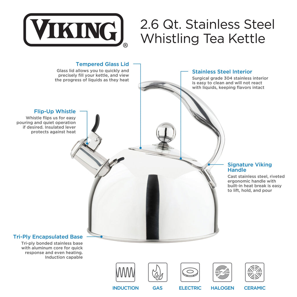 Viking 2.6-Quart Mirrored Stainless Steel Whistling Kettle with 3-Ply Base
