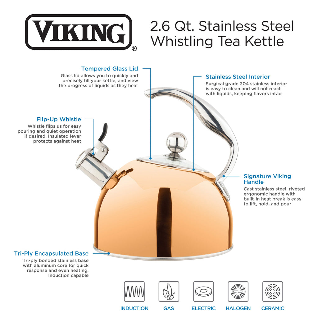 Viking 2.6-Quart Rose Gold Stainless Steel Whistling Kettle with 3-Ply Base