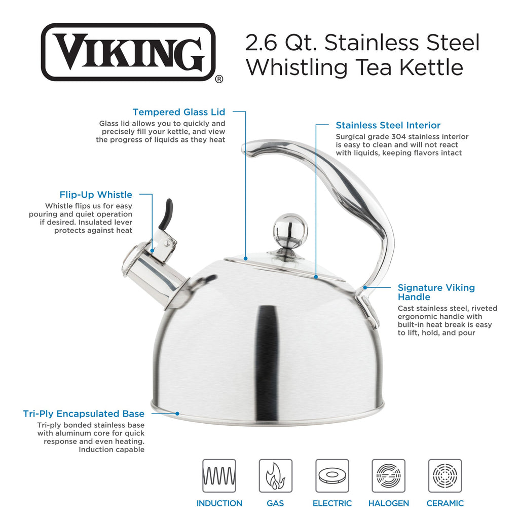 Viking 2.6-Quart Satin Finish Stainless Steel Whistling Kettle with 3-Ply Base