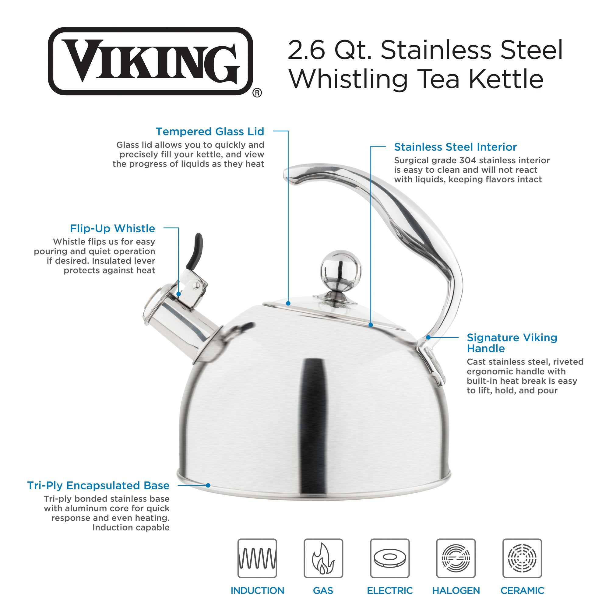 Viking 2.6-Quart Satin Finish Stainless Steel Whistling Kettle with 3-Ply Base