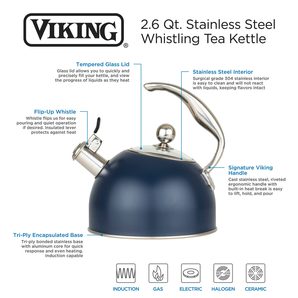 Viking 2.6-Quart Slate Blue Stainless Steel Whistling Kettle with 3-Ply Base