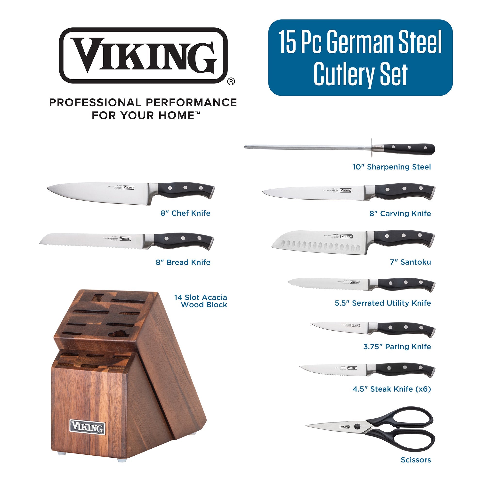 Viking 15-Piece Stainless Steel Cutlery Set with Acacia Wood Block