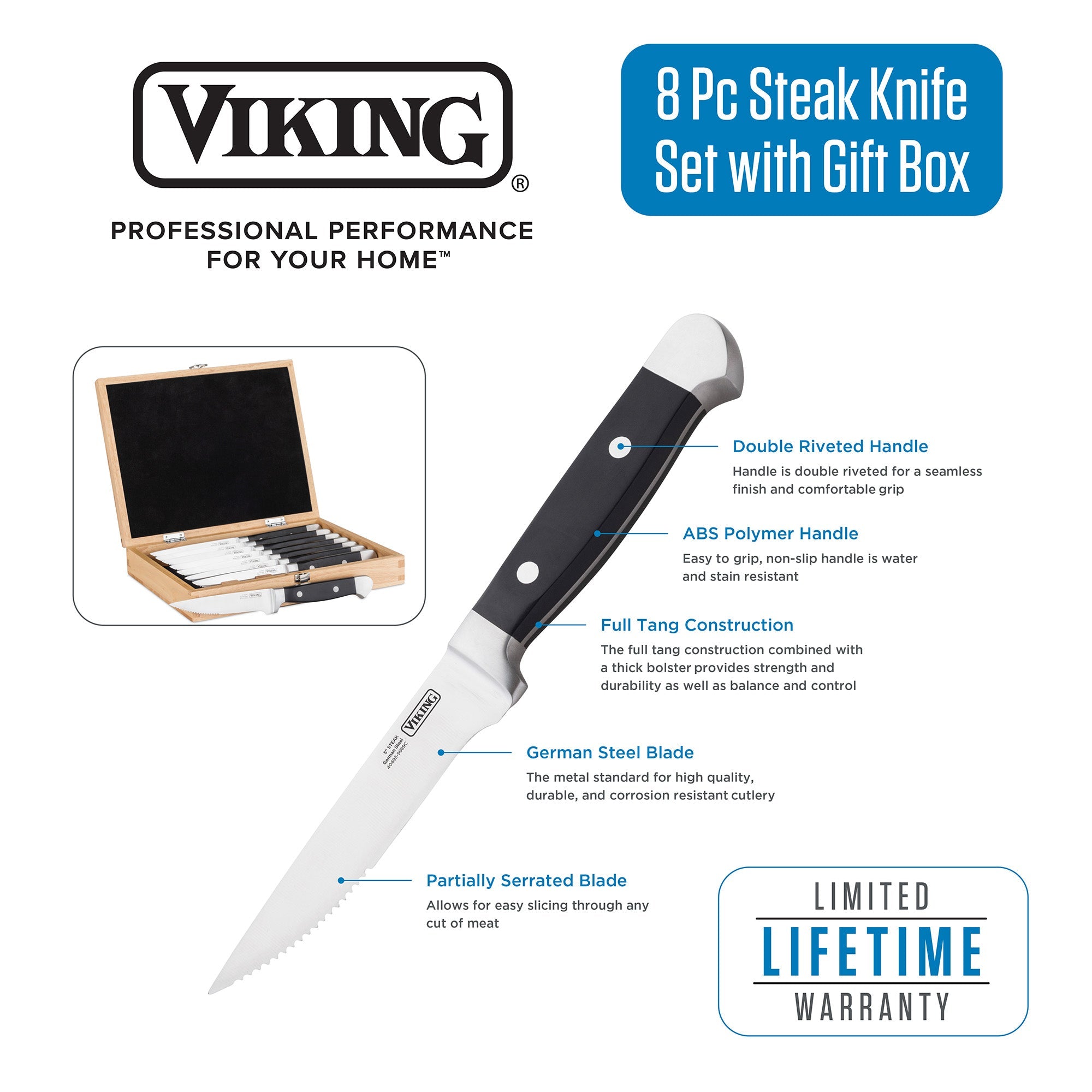 Viking Steakhouse 8-Piece Steak Knife Set with Gift Box