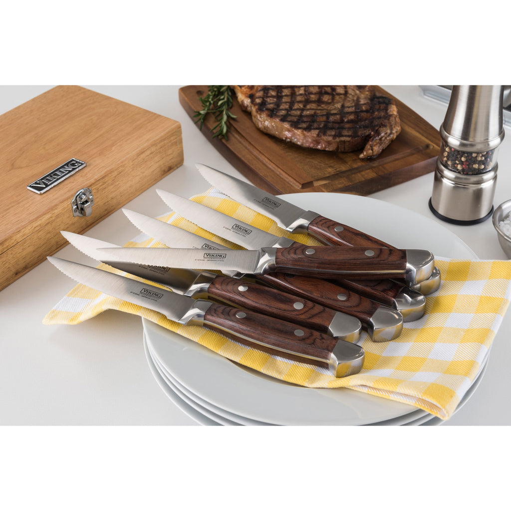 Viking Steakhouse Pakka Wood 6-Piece Steak Knife Set with Gift Box (Red)