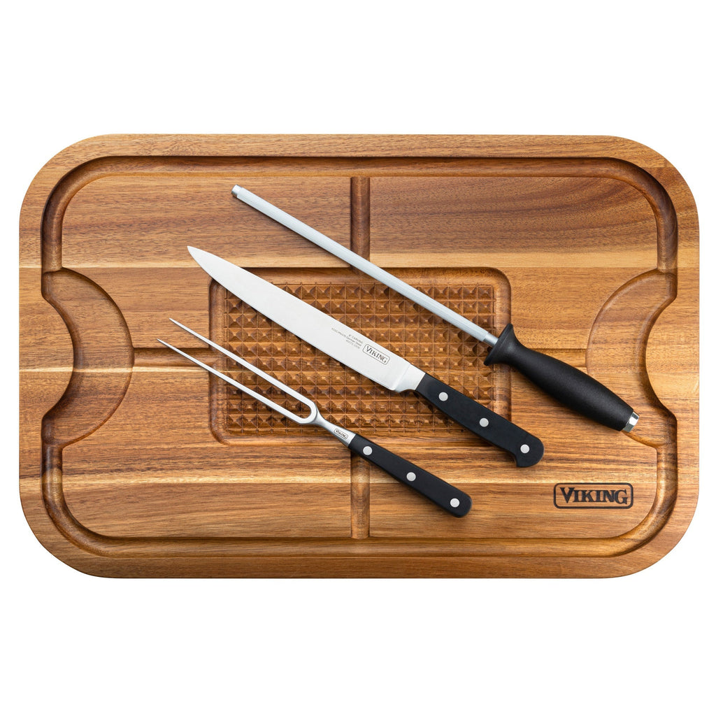 Viking Acacia Wood Cutting Board with 3-Piece Stainless Steel Carving Set
