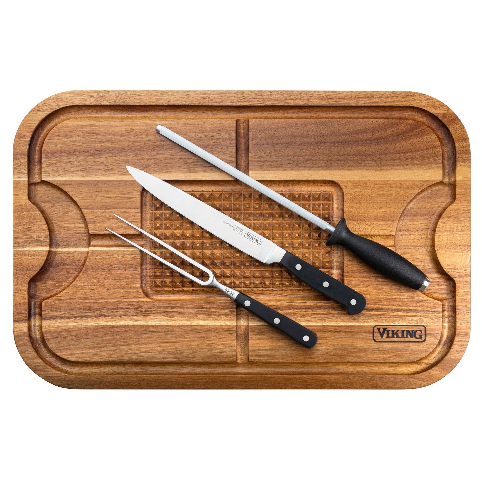 Viking Acacia Wood Cutting Board with 3-Piece Stainless Steel Carving Set